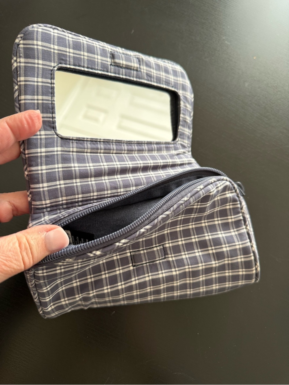 Brandy Melville white and blue plaid cotton wallet/makeup bag with mirror. - Picture 2 of 5